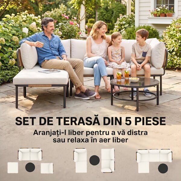 Outsunny Set Grădină, 5 Piese, Rattan Modular în L cu Perne, Culoare Bej | Aosom Romania