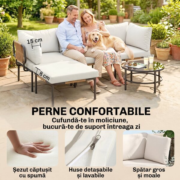 Outsunny Set Grădină, 5 Piese, Rattan Modular în L cu Perne, Culoare Bej | Aosom Romania
