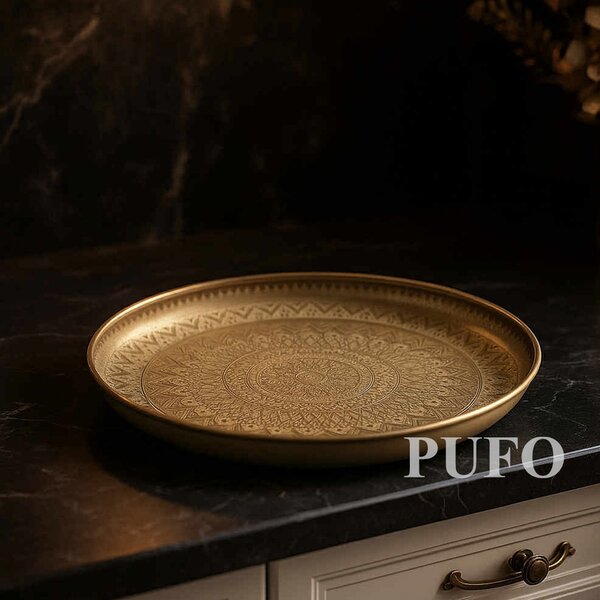 Tava metalica eleganta Pufo Golden Vintage pentru servire desert, prajituri, aperitive, 30 cm