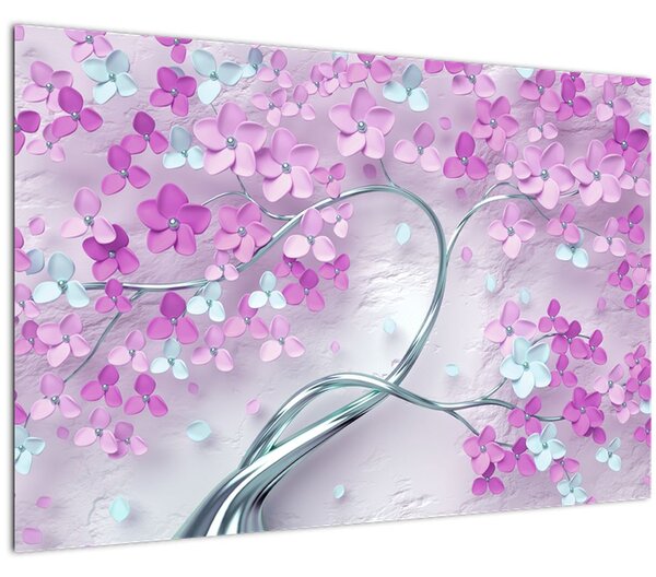 Tablouri cu flori pe trunchi argintiu - abstract (90x60 cm)