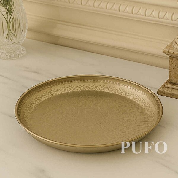 Tava metalica eleganta Pufo Golden Vintage pentru servire desert, prajituri, aperitive, 30 cm