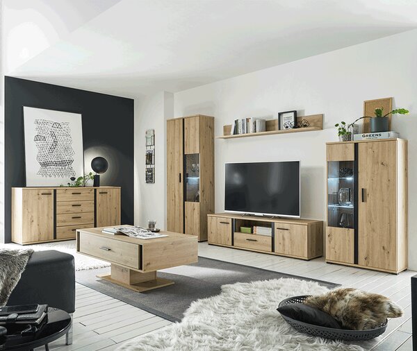 Mobilier living Kardun (stejar artisan + negru) (Cu iluminat LED). 1034184