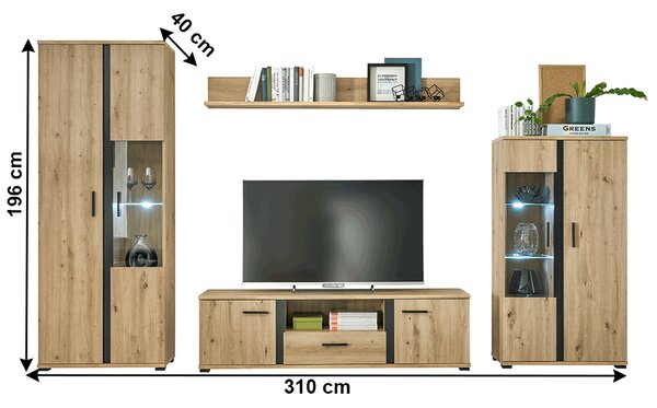 Mobilier living Kardun (stejar artisan + negru) (Cu iluminat LED). 1034184