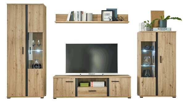 Mobilier living Kardun (stejar artisan + negru) (Cu iluminat LED). 1034184