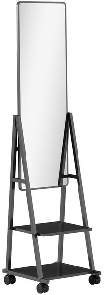 HOMCOM Oglindă Verticală cu 2 Rafturi și 4 Rotile, Oglindă de Podea din Oțel și PAL, 42x37x155 cm, Negru | Aosom Romania