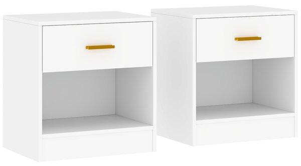 HOMCOM Set de 2 Noptiere Moderne cu Sertar și Raft Deschis din Pal Melaminat, 39x28x41 cm, Alb | Aosom Romania