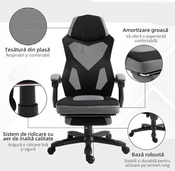 Vinsetto Scaun de Birou Ergonomic Reclinabil cu Suport Picioare Retractabil, Gri | Aosom Romania