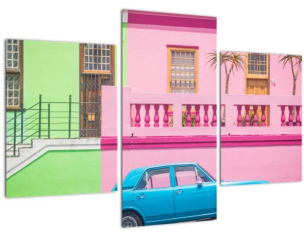 Tablou cu mașina - casele colorate (90x60 cm)