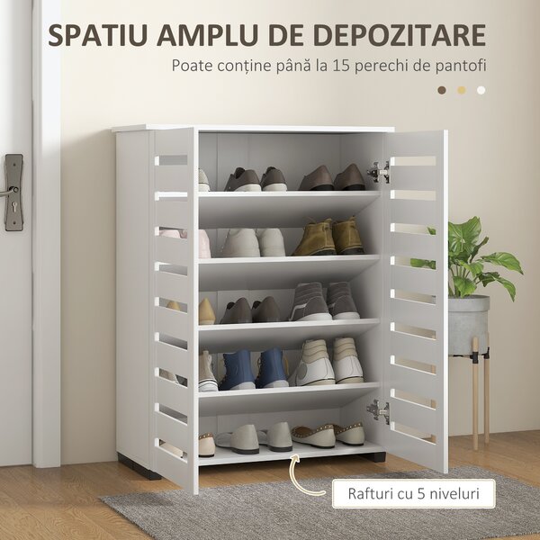 HOMCOM Dulap de Pantofi Modern cu 5 Niveluri cu Uși cu Jaluzele din Lemn Alb | Aosom Romania