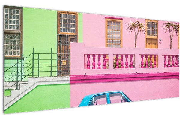 Tablou cu mașina - casele colorate (120x50 cm)