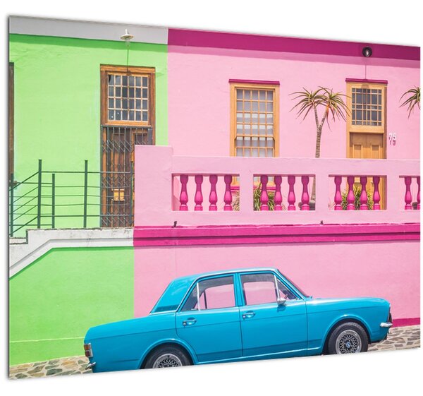 Tablou cu mașina - casele colorate (70x50 cm)