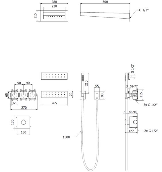 Mexen Fall, set de duș ascuns, negru mat, 7602-04-70