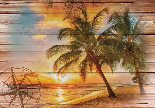 Fototapet - Soarele pe plajă - imitație de lemn (254x184 cm)