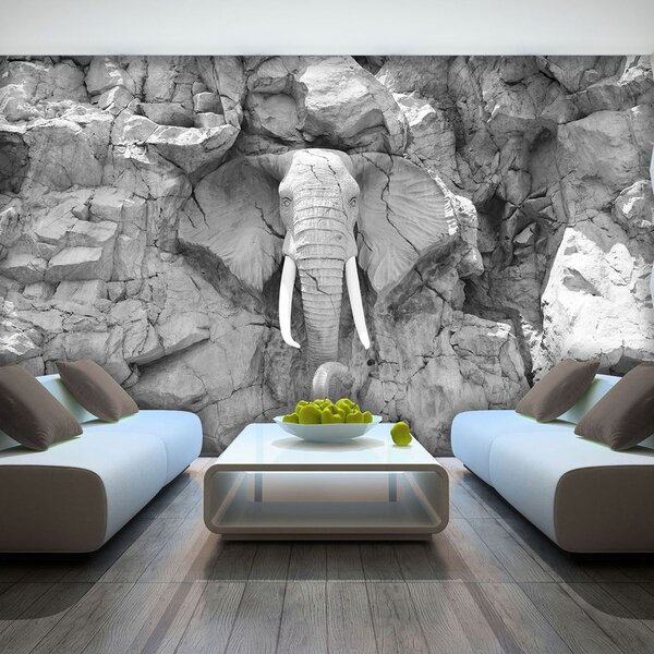 Fototapet - Elefant sculptat în piatră - gri (254x184 cm)