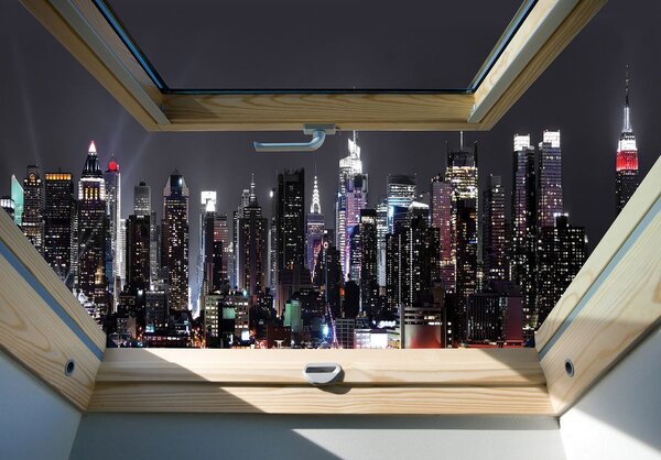 Fototapet - Oraș nocturn privire din geam (254x184 cm)