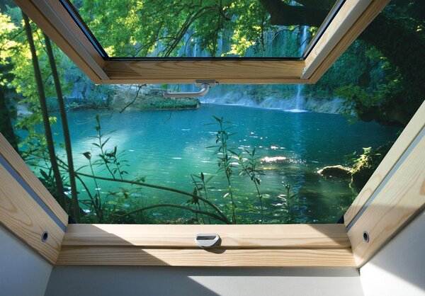 Fototapet - Privire din geam spre lacul turcoaz (152,5x104 cm)
