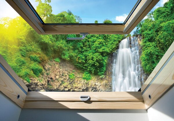 Fototapet - Privire spre cascade din geam (254x184 cm)