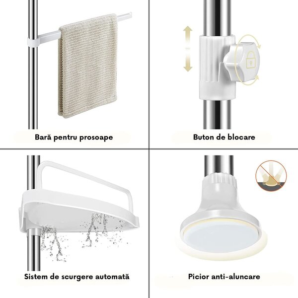 Etajera de colt pentru dus/baie, montare fara gaurire și organizare pe 4 rafturi, varianta telescopica ajustabila, Alba