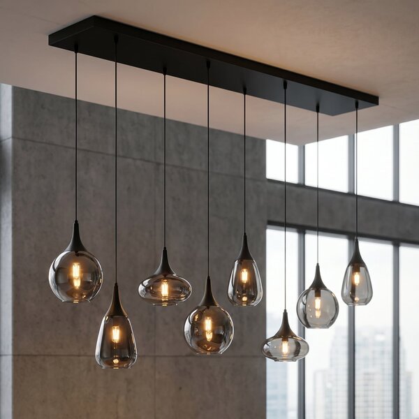 Trio Lighting Lampă suspendată Lumina, 8 lumini, negru/cromatic, sticlă, reglabil, Negru, Camera de zi / sufragerie, Sticlă