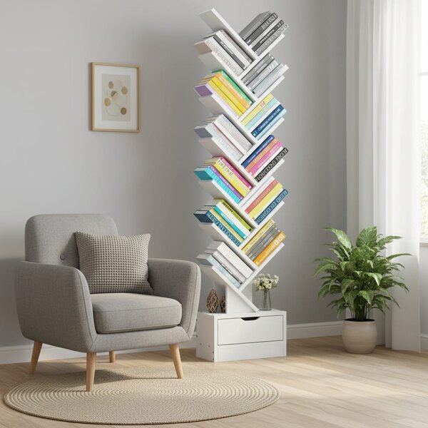 Biblioteca verticala in forma de copac cu sertare, rafturi modulare, organizator, 158x34 cm / Alb