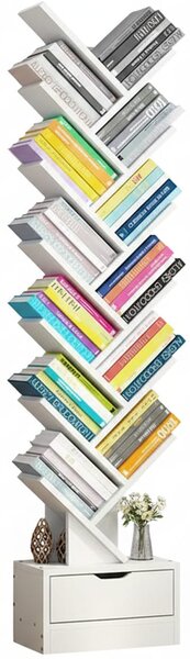Biblioteca verticala in forma de copac cu sertare, rafturi modulare, organizator, 158x34 cm / Alb