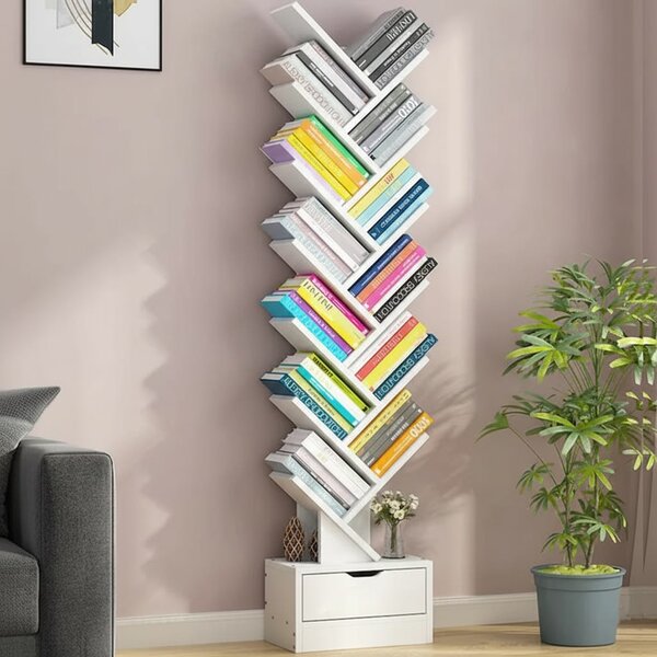 Biblioteca verticala in forma de copac cu sertare, rafturi modulare, organizator, 158x34 cm / Alb