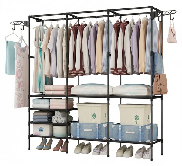 Cuier multifunctional 175 cm, 3 rafturi rezistente la apă, 8 cârlige, negru