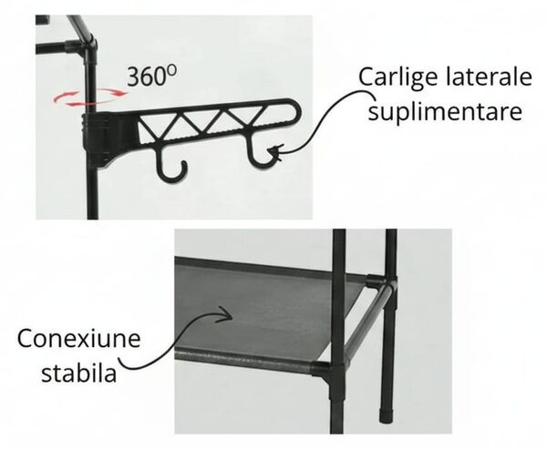 Cuier multifunctional 175 cm, 3 rafturi rezistente la apă, 8 cârlige, negru