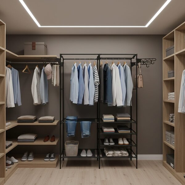 Cuier multifunctional 175 cm, 3 rafturi rezistente la apă, 8 cârlige, negru