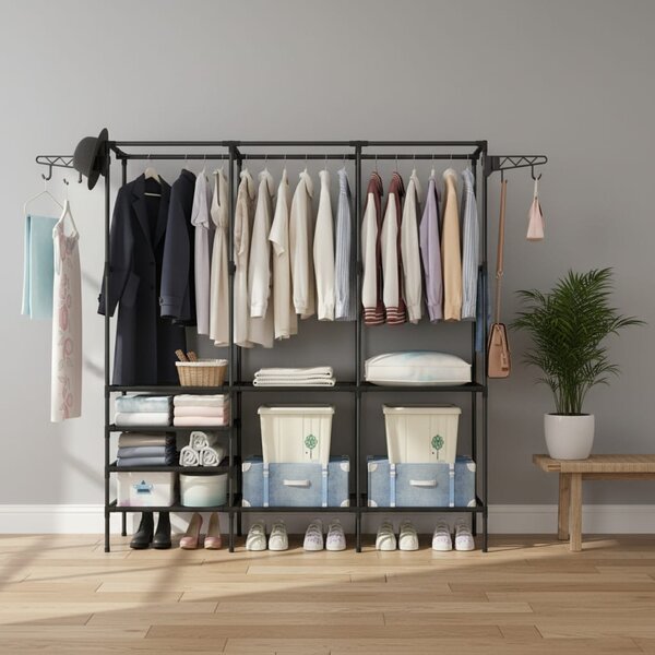 Cuier multifunctional 175 cm, 3 rafturi rezistente la apă, 8 cârlige, negru
