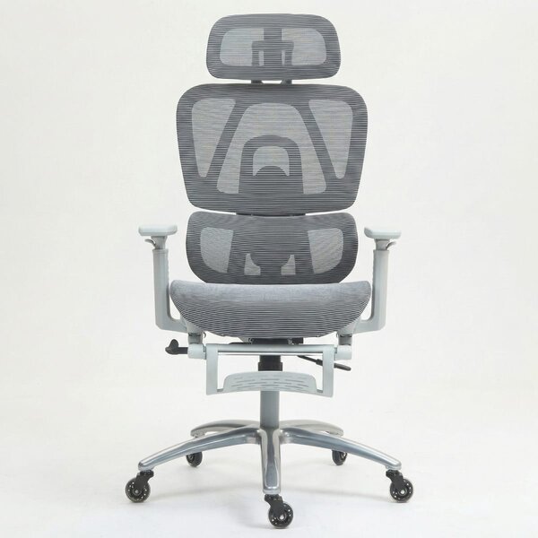 Scaun de birou ergonomic cu suport lombar dinamic, tetiera 3D si cotiere reglabile, mesh alb-gri