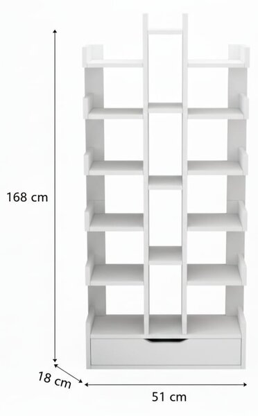 Mobilier biblioteca cu 18 rafturi, modern Tree of Knowledge, 51x18x168cm alb