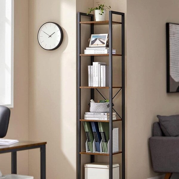 Raft tip biblioteca cu 6 etaje, cadru metalic si polite din lemn, 30x40x187 cm, stil industrial maro rustic-negru