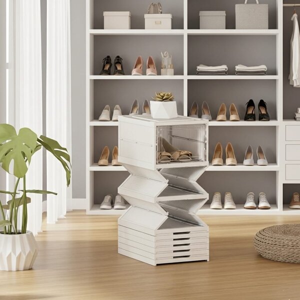 Dulap modular pantofi cu 9 cutii stivuibile, 26x35x140 cm, alb, ventilație eficientă