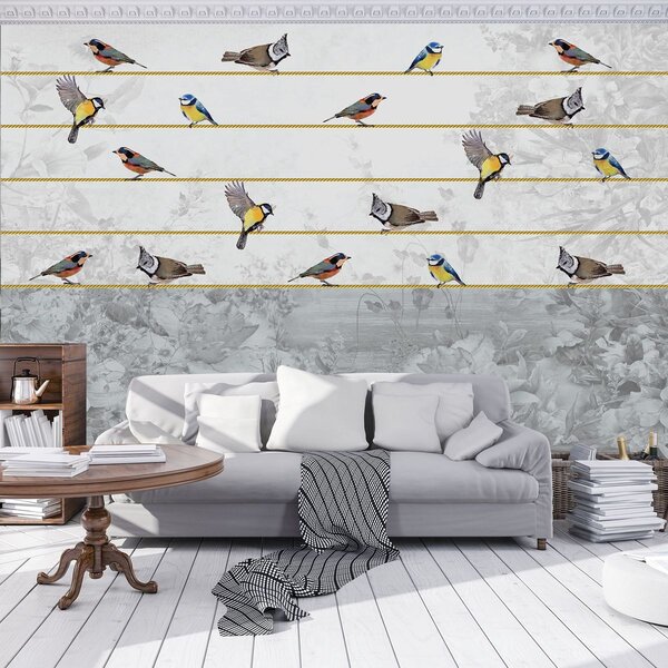 Fototapet - Păsări pe ață aurie (254x184 cm)