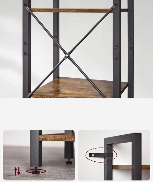 Raft tip biblioteca cu 6 etaje, cadru metalic si polite din lemn, 30x40x187 cm, stil industrial maro rustic-negru