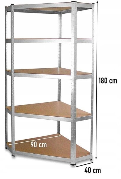Raft metalic de colt, 5 polițe MDF, cadru oțel galvanizat, 175 kg/poliță, 180×90×40 cm