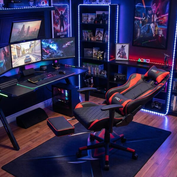 PRO-X COMFORT Scaun Gaming cu Suport pentru Picioare, Negru-Rosu