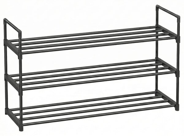 Suport Pantofi Metalic, 3 Niveluri, Capacitate 12-15 Perechi, Stivuibil, 92 x 30 x 54 cm, Negru