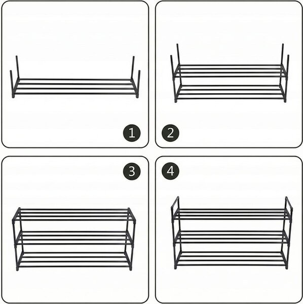 Suport Pantofi Metalic, 3 Niveluri, Capacitate 12-15 Perechi, Stivuibil, 92 x 30 x 54 cm, Negru