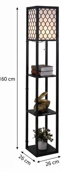 Lampadar cu 3 rafturi și abajur ajurat, 160 cm, negru