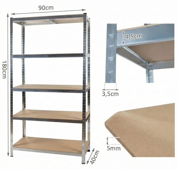 Raft metalic cu 5 polițe MDF, cadru din oțel galvanizat, 150×70×35 cm, 175 kg/poliță