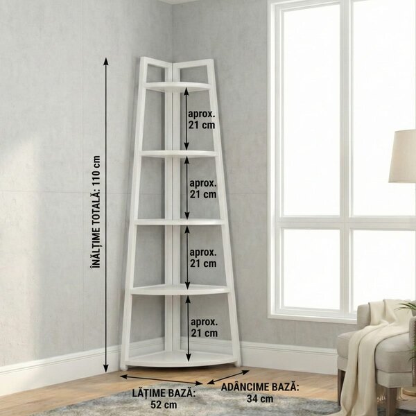 Raft biblioteca de colt cu 5 polite, alb, 52 x 34 x 110cm