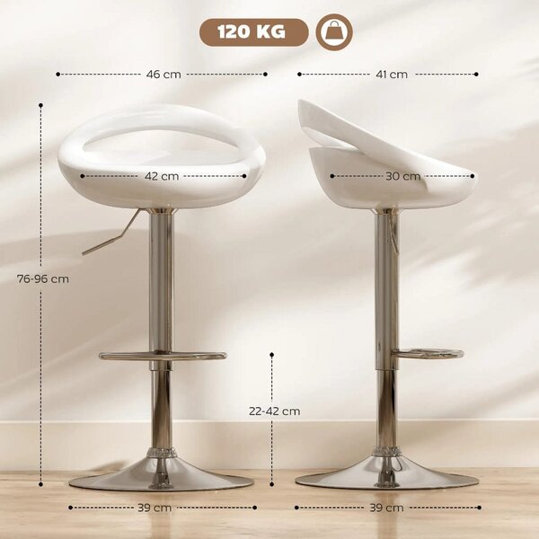 Set 2 Scaune de Bar Rotative ABS Alb, Reglabile 76-96 cm, Stabilitate si Confort