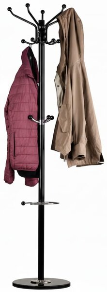 Cuier tip pom din metal cu baza de marmura, 14 agatatoare, 176cm, negru