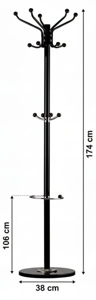 Cuier tip pom din metal cu baza de marmura, 14 agatatoare, 176cm, negru