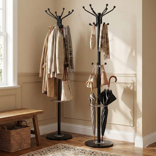 Cuier tip pom din metal cu baza de marmura, 14 agatatoare, 176cm, negru