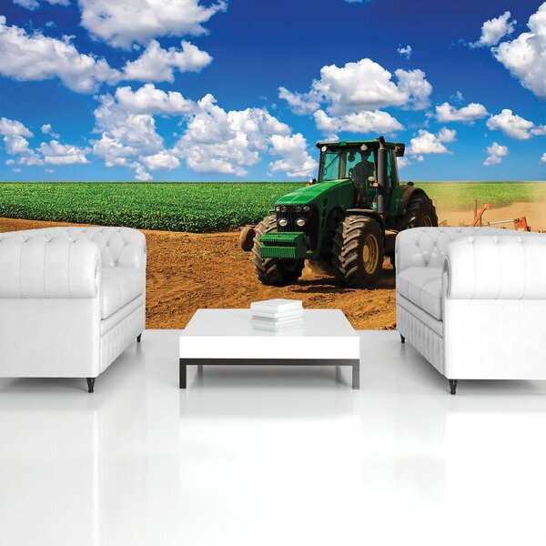 Fototapet - Tractor verde pe teren (254x184 cm)