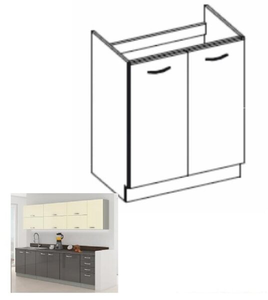 Dulap inferior de bucătărie sub chiuvetă 80 ZL 2F BB Pleitton (Gri ultralucios). 1014696