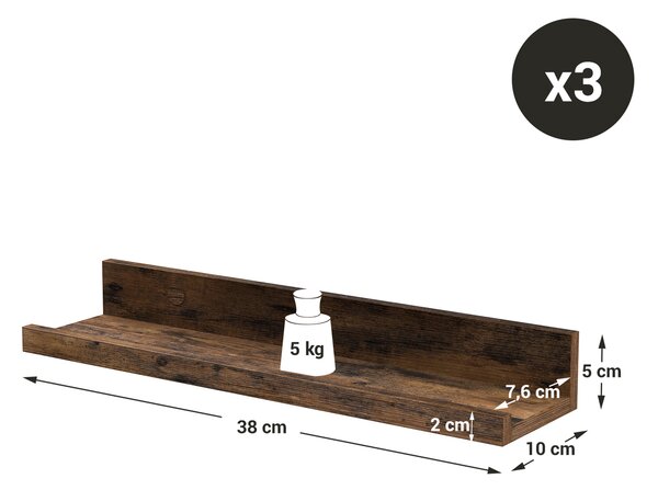 Set 3 buc rafturi de perete TAYLOR 38x10 cm, maro rustic